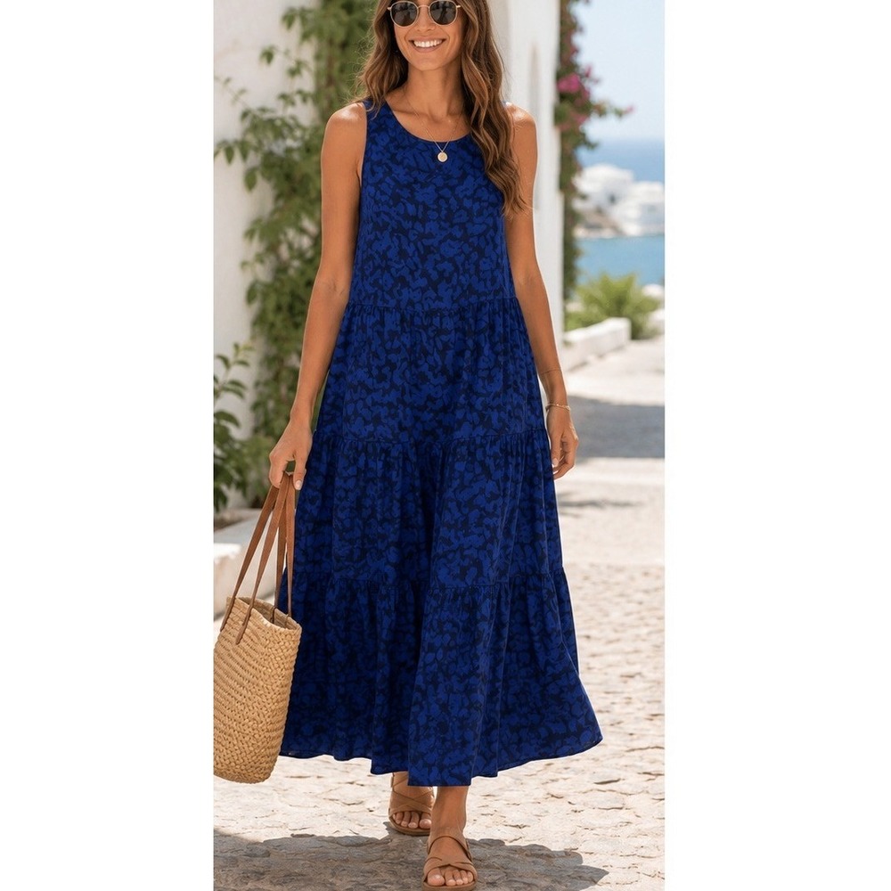 A New Day Blue Abstract Animal Print Tiered Maxi Dress Womens Large Sleeveless